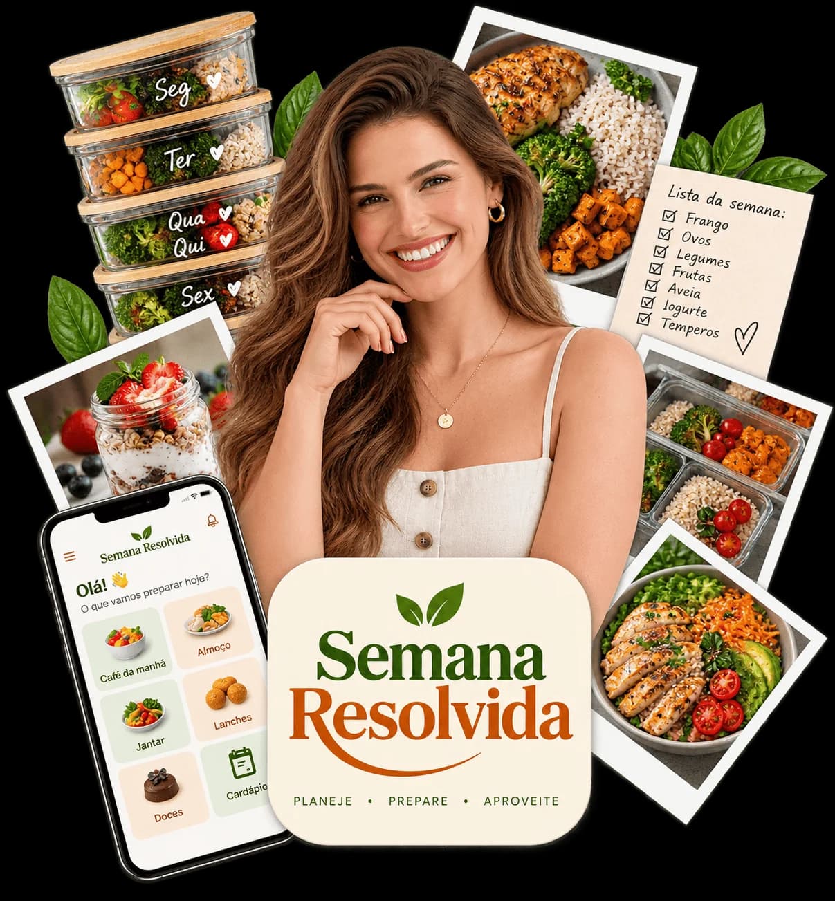 Semana Resolvida™ — mulher, refeições organizadas e aplicativo de cardápio