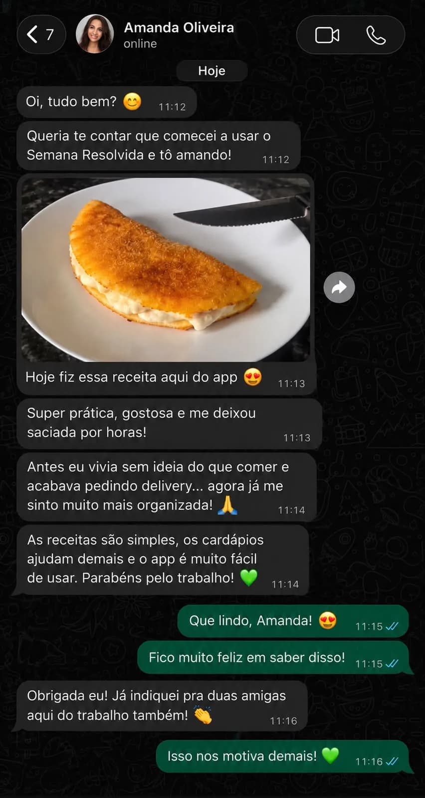 Print de WhatsApp de Amanda Oliveira sobre o Semana Resolvida