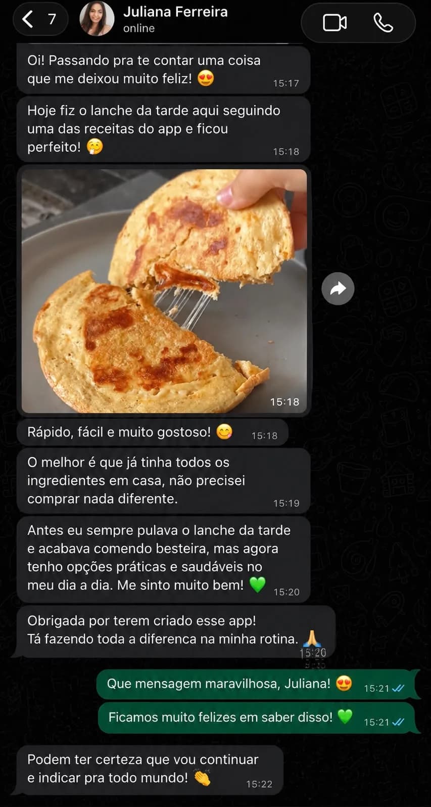 Print de WhatsApp de Juliana Ferreira sobre o Semana Resolvida