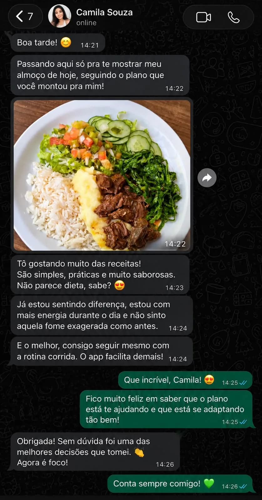 Print de WhatsApp de Camila Souza sobre o Semana Resolvida